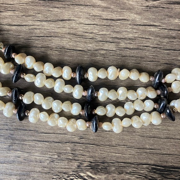 Vintage long ivory faux pearl, black and gold tone beads baroque opera necklace - Picture 5 of 8